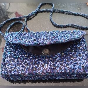 NewElegant Blue Sequin& Beads Evening  Shoulder Bag, 8"X5"X2", Beaded Strap 24"